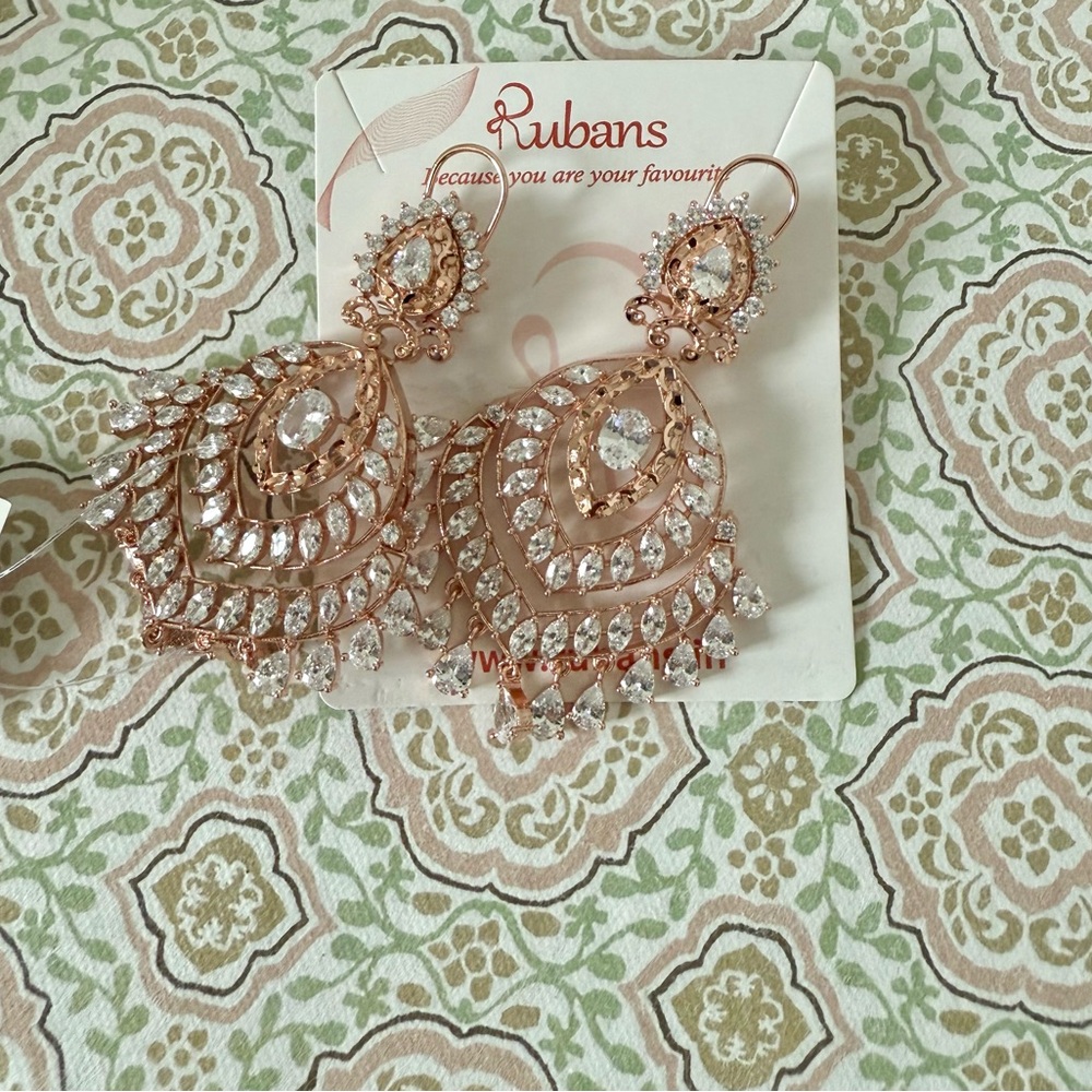 Indian Pakistani Rose Gold and Silver Statement Earrings with Cubic Zirconia NWT